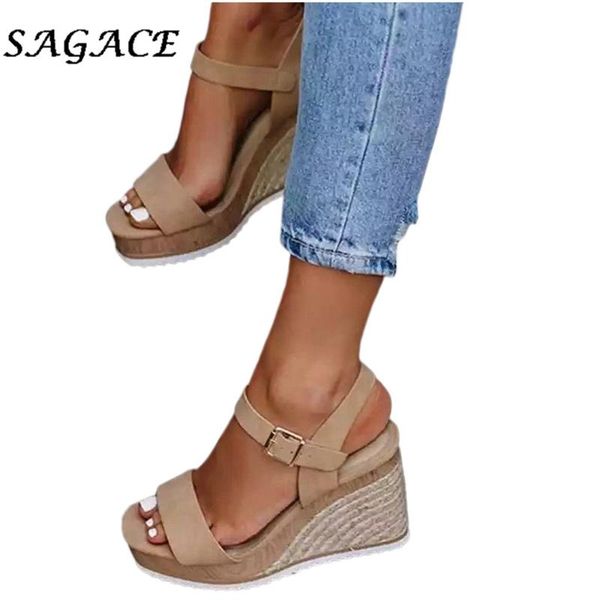 

sagace buckle shoes women leather sandals solid high heel open toe shoes breathable summer beach sandals casual wedges, Black