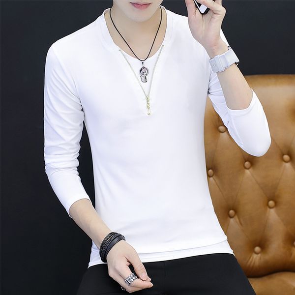 

spring long-sleeved t-shirt men's korean version skinny white round neck bottom shirt clothes men's clothing, White;black