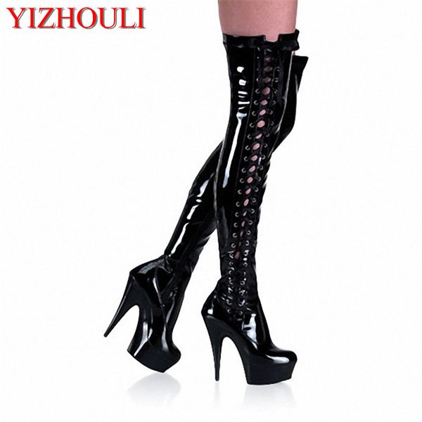 

15cm ultra high heels tall boots lacing round toe over-the-knee women's boots cutout dance shoes 6 inch thigh high, Black