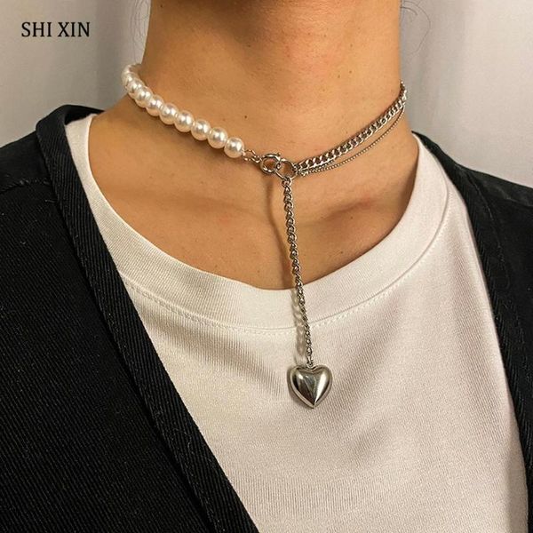 

shixin long asymmetry chain pearl necklace for women lovely heart pendant necklace 2020 fashion jewelry choker collar neck chain, Silver