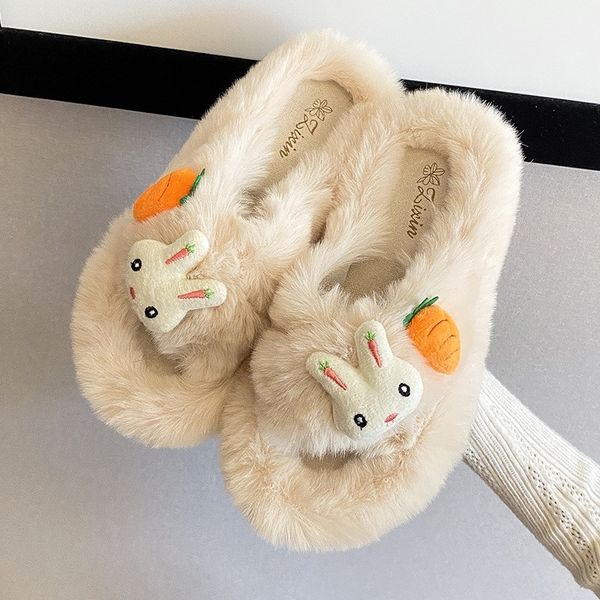 

winter house fur slippers women warm cotton shoes cute cartoon carrot indoor bedroom non-slip ladies furry slides, Black
