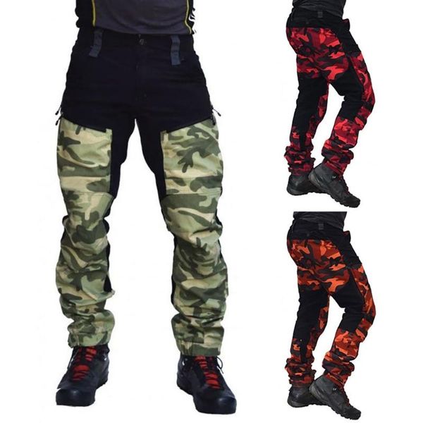 

stylish men camouflage patchwork pockets jogger cargo trouser motorcycle pant outdoor sports hunting fishing rescure street wear, Black