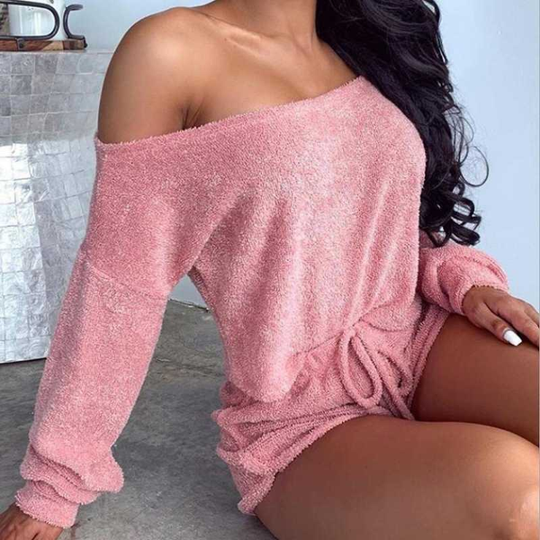 

women 2 pieces pajamas long sleeve shorts clothing new fluffy round neck home service pajamas set european and american, Black;red
