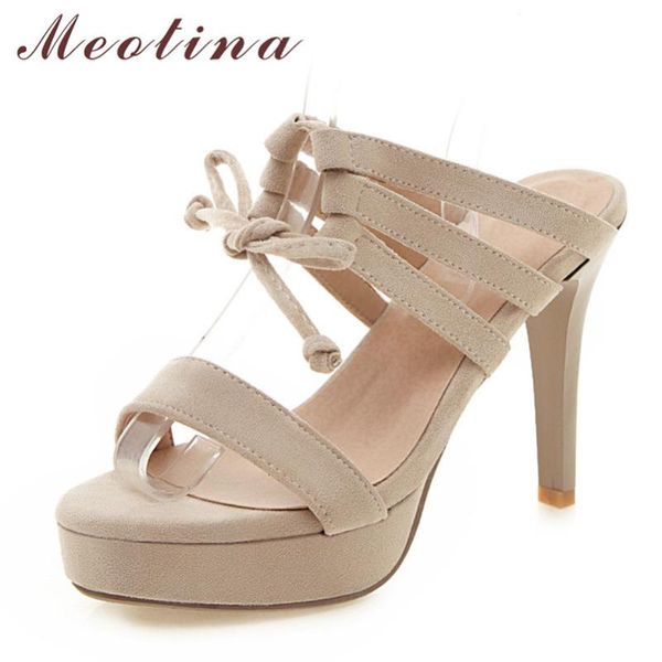 

meotina shoes women platform super high heel slippers narrow band thin heels lady slides lace up sandals female summer beige 43, Black