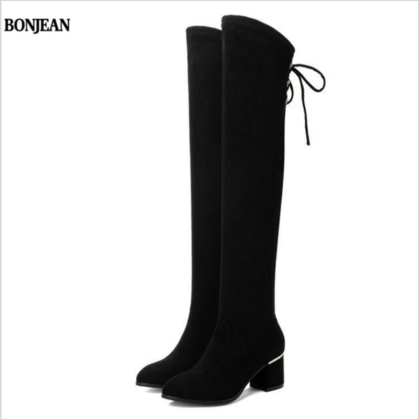 

bonjean толстые каблуки женщин сапоги круглый toe flock обувь толстые плюшевые сапоги женские повседневная обувь женщины 2020 черный новый, Black