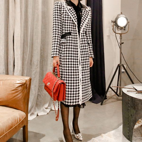 

2020 winter new korean fashion in the long section of the spell leather houndstooth wool coat, Black