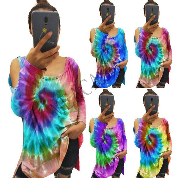 

plus size women tie-dye printing long sleeve t shirt sweater autumn winter all-match casual strapless loose sports women clothes d81103, White