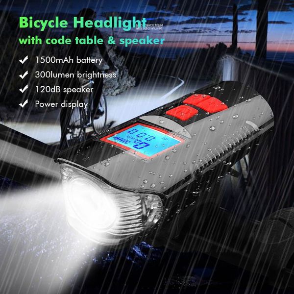 

waterproof usb rechargeable bicycle light bike front light headlight headlamp with horn code table riding bicycle accessories