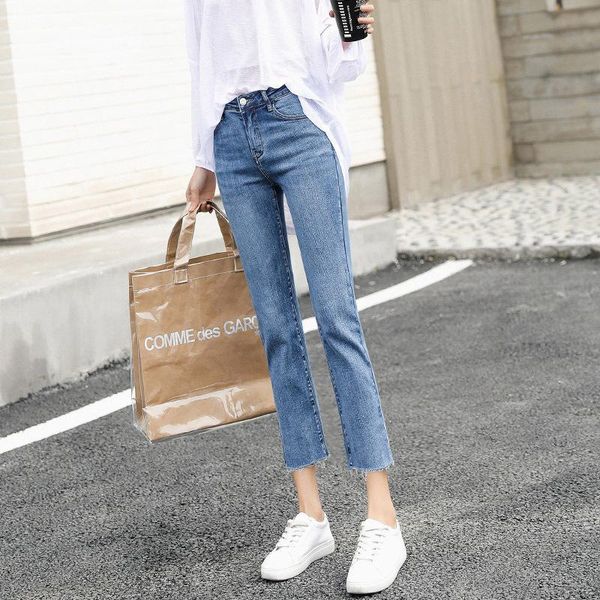 

ripped jeans women ankle length/eight point woman jeans trousers denim blue female stretch straight pants capri femme