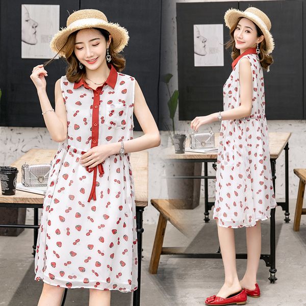 

pregnant women chiffon dress 2020 summer wear new style strawberry printed sleeveless lace-up maternity dress short sleeve, White