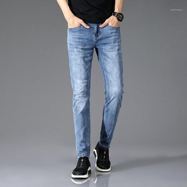 

fit slim leg jeans elastic wash pocket middle waist pencil pants male designer casual clothes spring mens light, Blue