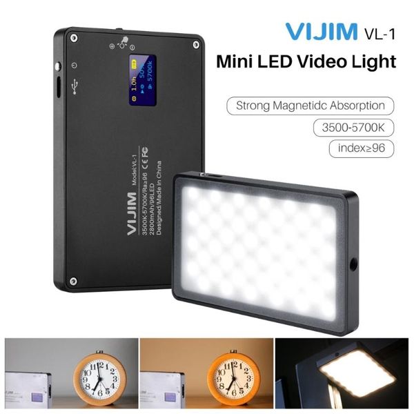 

flash heads vijim vl-1 96 beads dimmable led video light with oled display on camera pography studio 3500k-5700k 2800mah fill