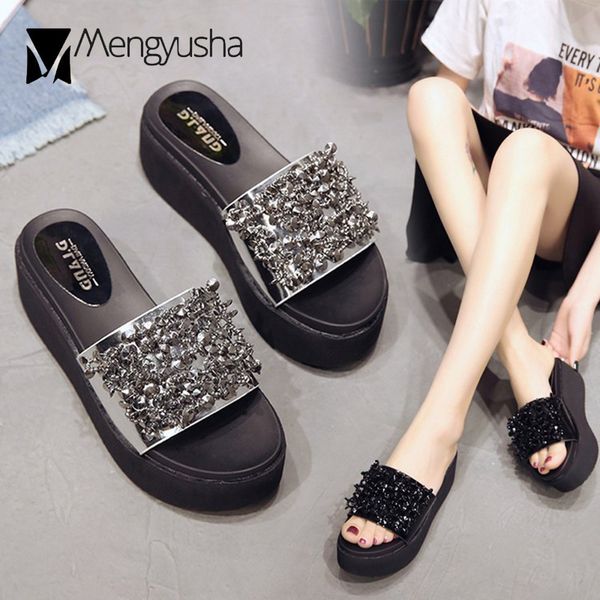 

bling crystal band slingback pu platform sandals women slippers elevated shoes woman open toe slip on gladiator sandalias 2020, Black