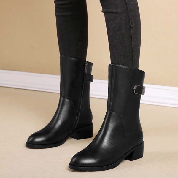 

boots maggie's walker women fashion genuine leather winter mid-cal snow with plush lining size 35-42, Black