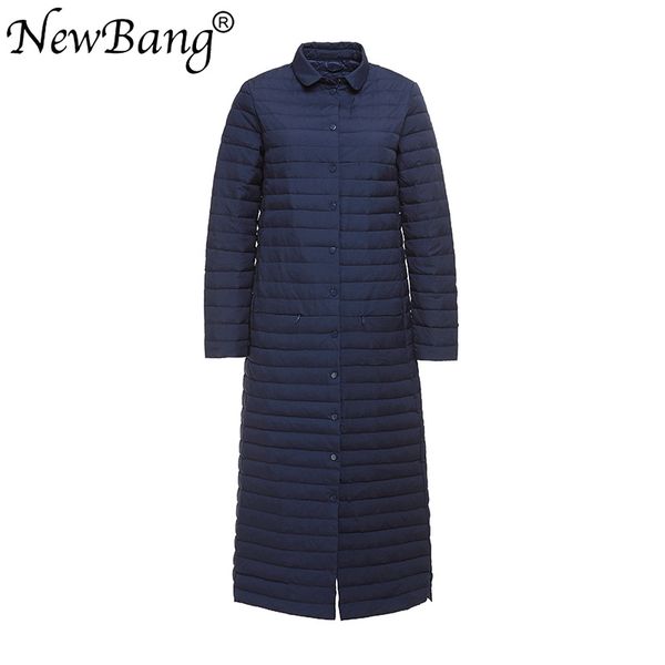 

newbang 90% white duck down coat women fashion slim fit thin x-long knee single-breasted jackets slim trench coat, Black