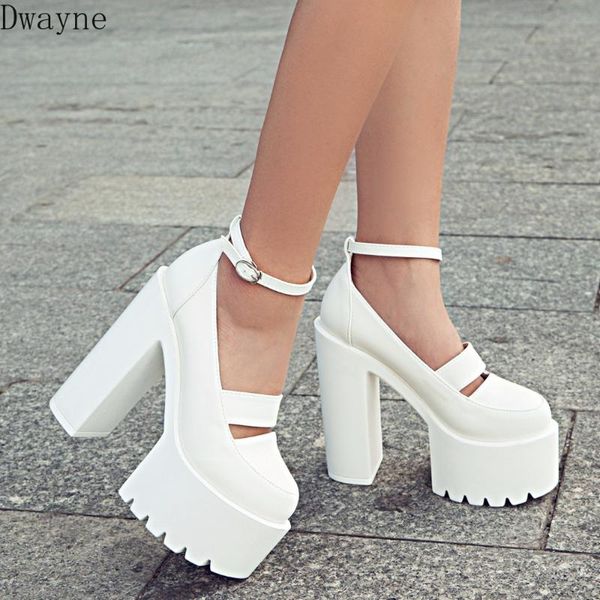 

15cm super high heels 2020 autumn new occident high heel single shoes thick with women's shoes white buckle strap, Black
