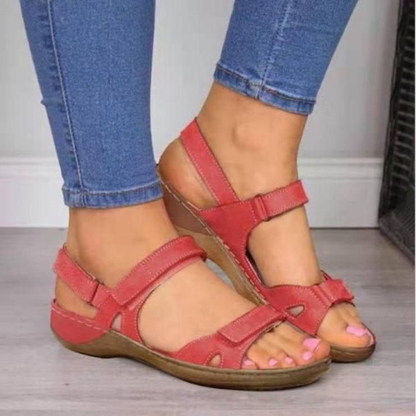 

women's new spring and summer comfortable flat bottom slope heel open toe magic stick casual sandals large, Black