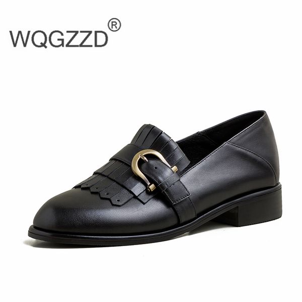 

flat shoes women's loafers cow leather tassel british style casual shoes female dating driving femme mujer, Black