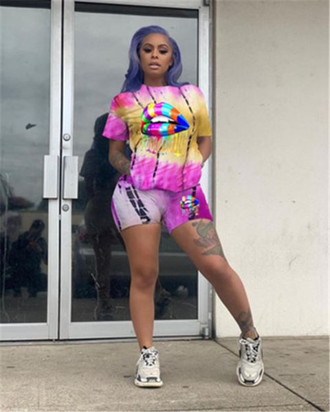 

lip tie-dye print women sets fashion summer casual tracksuits female short sleeve clothing sets street hipster shorts two piece suits, Gray