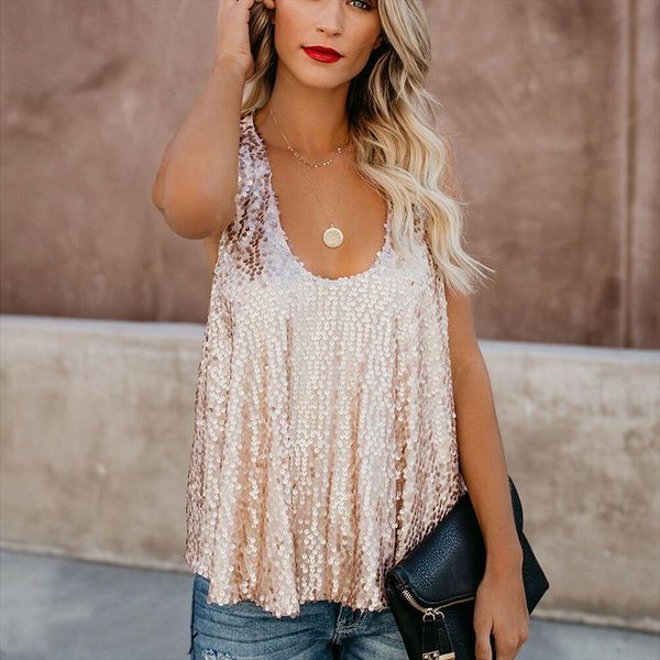 

новая мода sexy женщин блесток топы рубашка без рукавов женщины вокруг шеи топы лето женщины street wear party одежда, White