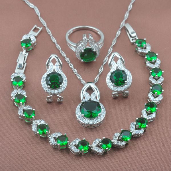 

silver color crystal jewelry sets famous wedding jewelry womens accessories green cz bracelet necklace earrings ring yz0264