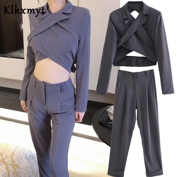 

klkxmyt two pieces sets women england style fashion backless short blazers women jackets and pants trousers suit set, White