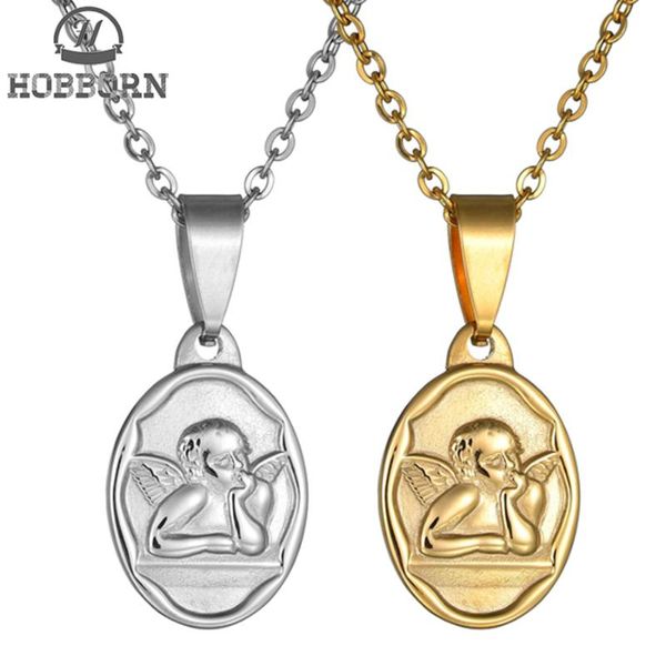 

hobborn trendy women necklaces & pendants 316l stainless steel never fade angel baby female link chain necklace jewelry, Silver