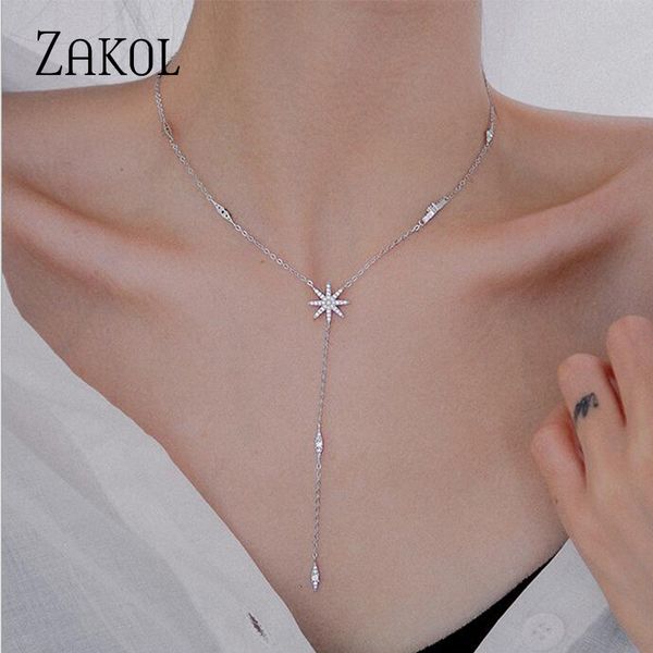 

zakol korea new trend eight-pointed star long crystal pendant necklace thin chain choker necklaces jewelry fsnl072, Silver