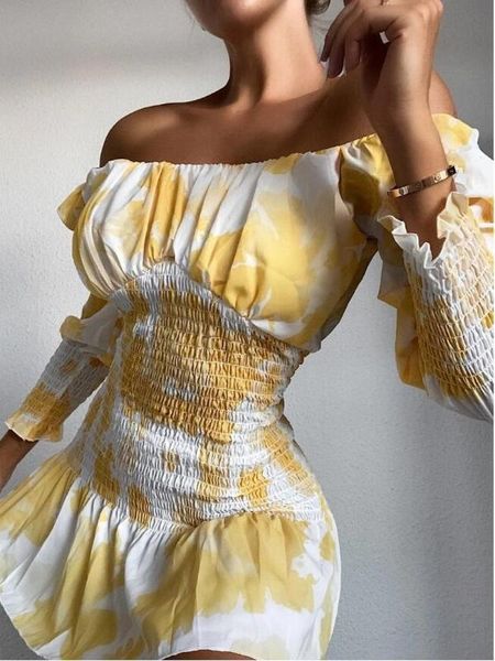 

casual dresses square collar print dress women spring puff long sleeve ruffle off shoulder ruched party bandage club female vestidos, Black;gray