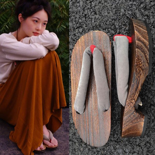 

women's summer flip flops black painted wood mid heel sandals beach slippers cosplay shoes classic japan geta