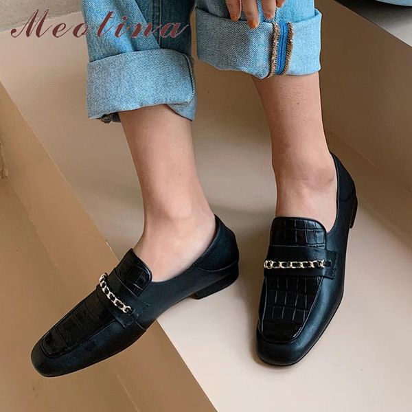 

meotina spring flats women shoes natural genuine leather flat loafers shoes cow leather chain square toe female size 34-39, Black