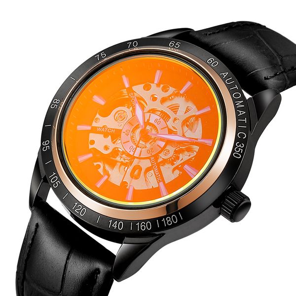 

brand automatic mechanical watches men classic black leather skeleton wristwatch self winding sports timepiece for men 2020, Slivery;brown