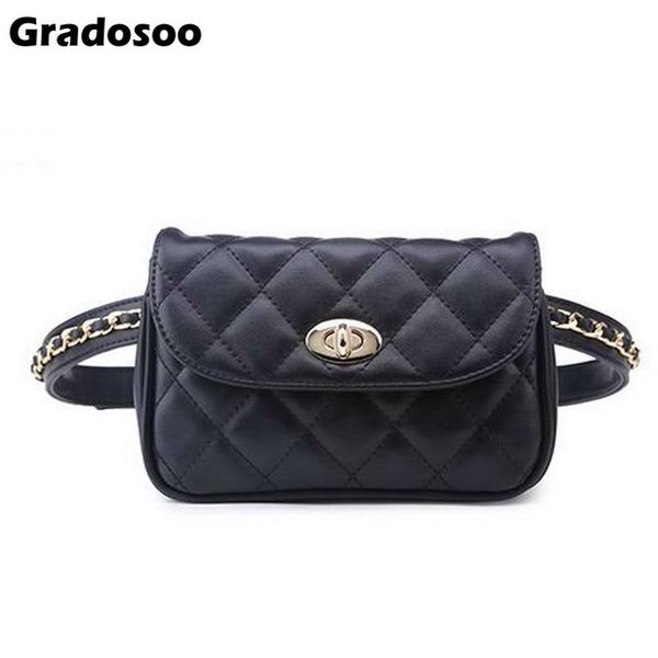 

gradosoo fashion leather waist bag women fanny chest bag pack female chain plaid belt hip money travel phone pouch bags a011