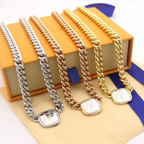 

europe america style men lady women titanium steel 18k gold thick necklace with engraved v letter double color square card pendant, Silver