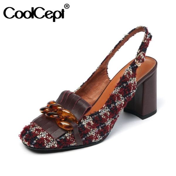 

coolcept women sandals shoes summer square toe thick heel plaid buckle strap chain vintage shoes ladies footwear size 33-40, Black