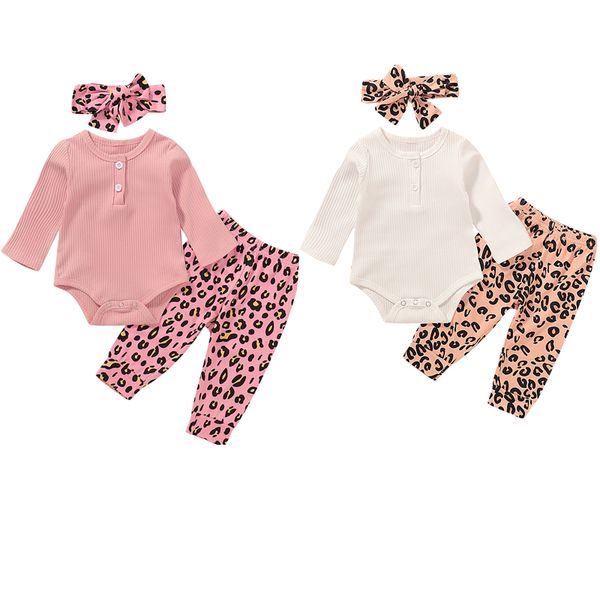 

2020 autumn baby clothing newborn baby kids girl clothes ribbed romper leopard pants leggings headband 3pcs outfit, White