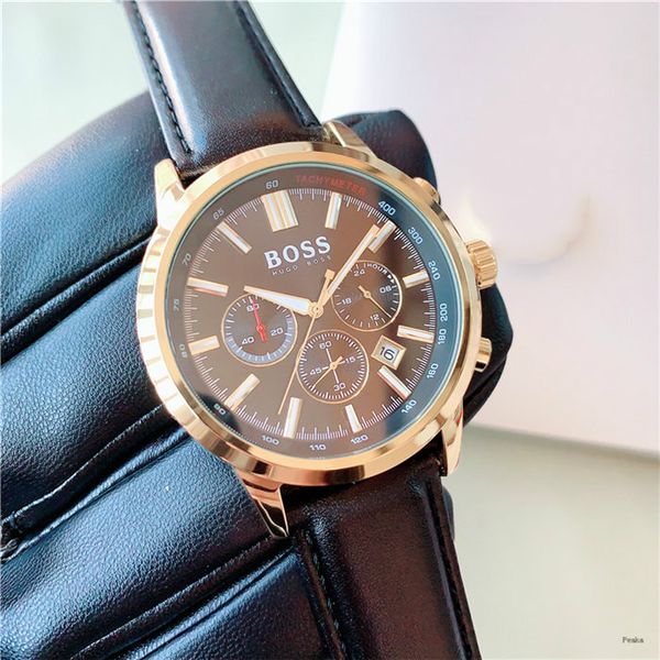 

full-featured six-hand quartz satch leather strap men classic watches fashion simple business watch all dial work, Slivery;brown