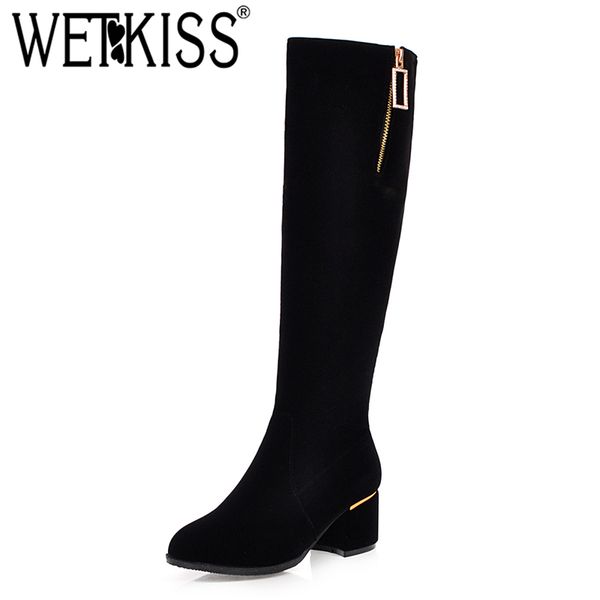 

boots wetkiss winter keep warm women knee high metal decor black zip round toe thick heel shoes casual fashion long