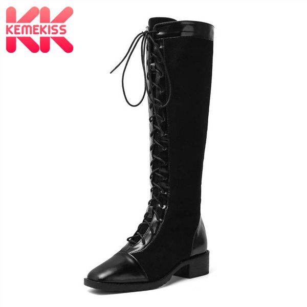 

kemekiss women knee high boots brand new fashion cross strap low heel shoes women casual square toe knight boots size 34-43, Black