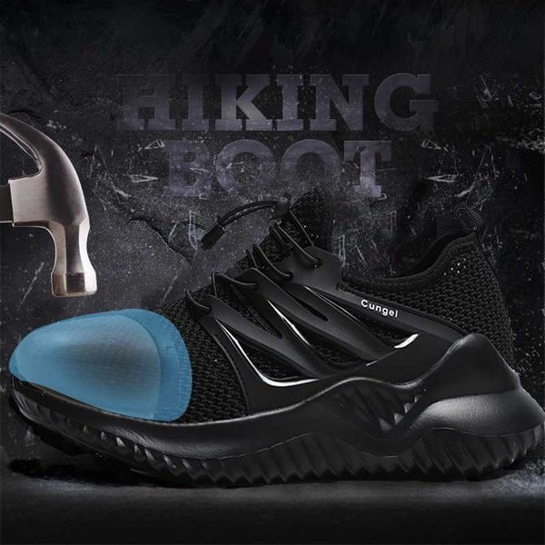 

breathable men's safety shoes boots with steel toe cap casual men's boots work indestructible shoes puncture-proof work sneakers, Black