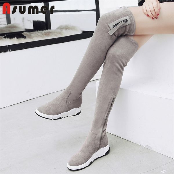 

asumer 2020 thigh high boots women flock round toe slim solid colors autumn winter flat shoes fashion stretch boots woman, Black