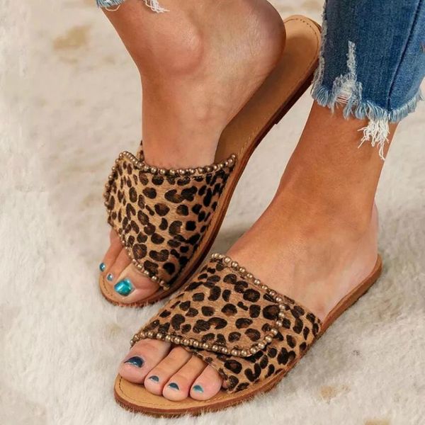 

женщины leopard тапочки строка бусины плоские каблуки hookloop верхняя резиновая подошва открытый слайды повседневная обувь сандалии женская, Black