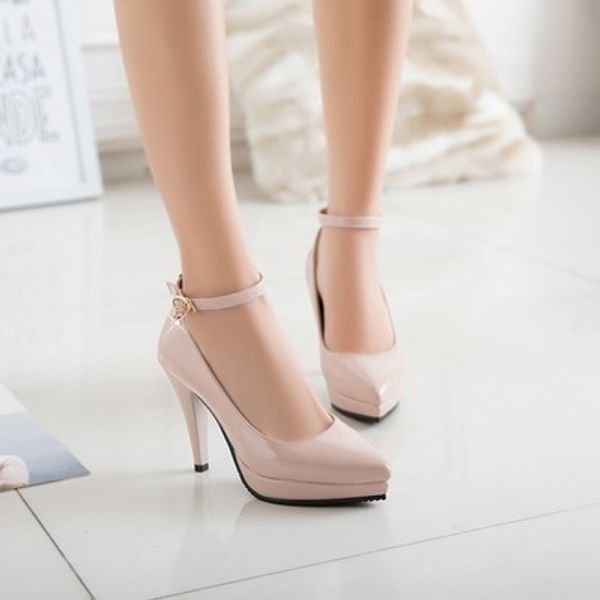

2020 spring and autumn new heeled single shoes pointed toe waterproof platform ankle buckle large size women's shoes, Black