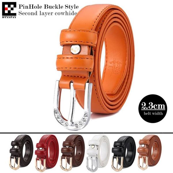 

240p authentic 2.3cm width women genuine leather belts,second layer cowhide pinhole buckle lady waistbands,with buckle,100-115cm, Black;brown