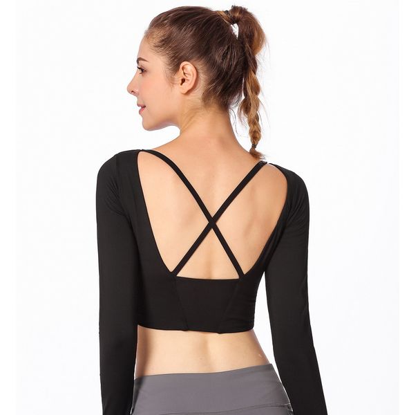 

yoga long-sleeved t-shirt female lu-36 back cross sports fitness suit long-sleeved t-shirt female with chest pad, White;red