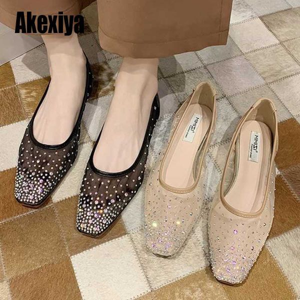 

spring autumn ladies breathable flat shoes solid color square head low shallow mouth fashion rhinestone elegant style s819, Black
