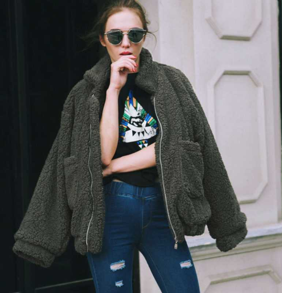 

women's fur & faux coat autumn winter warm thai bear zipper furry pocket jacket female casual bf ladies, Black