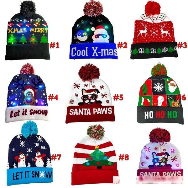 

led light christmas knitted caps for adults winter warm beanies pompom ski cap xmas party gifts hats props santa snowman reindeer decoration