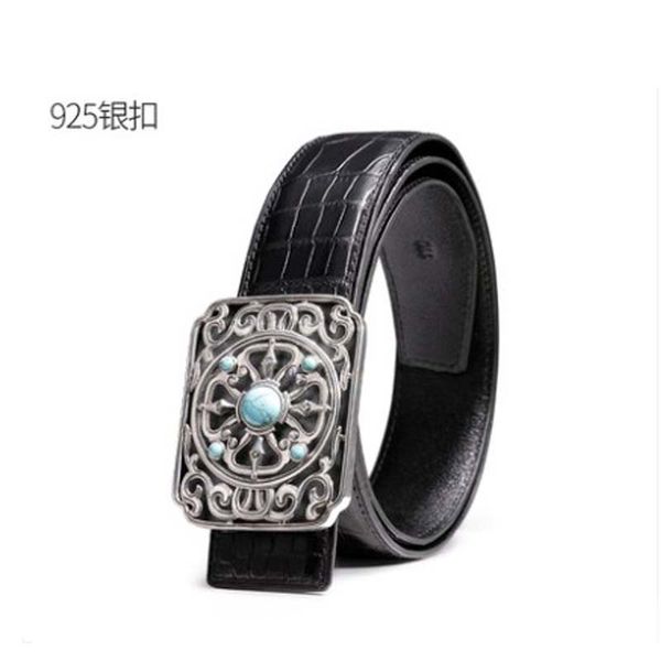 

ouluoer import new nile crocodile belt men men belt 925 sterling silver national wind smooth buckle tide, Black;brown