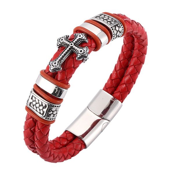 

men bracelets trendy women red braided leather stainless steel cross charms cuff bracelets bangles fashion jewelry gift bb0099, Golden;silver